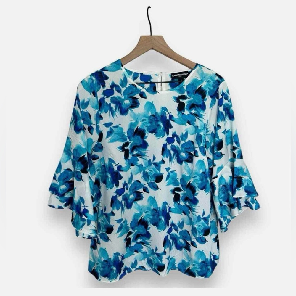 NWT Karl Lagerfeld Paris Blue and White Floral Bell Sleeve Blouse, size small